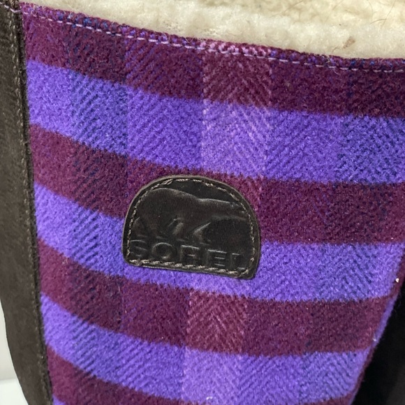 SOREL women’s boots, SOREL purple plaid mid-calf boots. SOREL women wool upper. - Picture 3 of 5